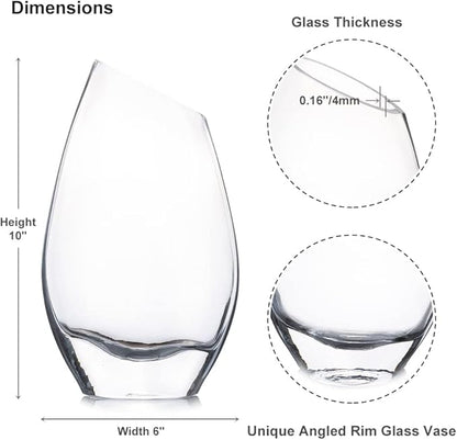 Enova Floral Unique Angled Rim Clear Glass Vase 6.0" W 10.0" H, Decorative Flower Vase for Home Decor Indoor, Wedding Centerpiece Event (1 Piece)