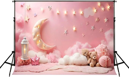 8x8ft Pink Cotton Cloud Backdrop Pink Flowers Moon and Stars Light Decor Cute Teddy Photography Background Children Baby Shower Backdrops for Shoot Photo Video Prop