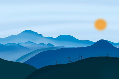 Hand-Painted Mountains and Sun Nature Landscape Mural, Large Art Background Wallpaper for Bedroom, Living Room, Bath Room(Non-self-Adhesive)