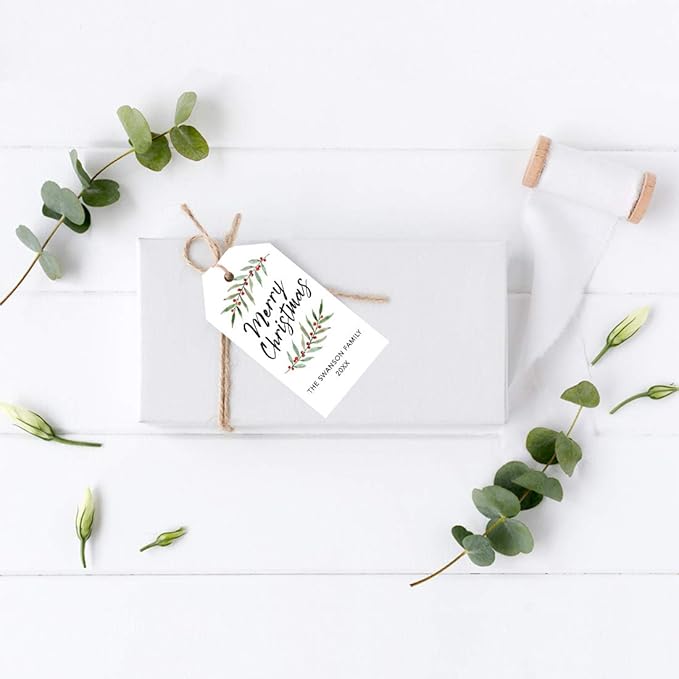 Andaz Press Personalized Christmas Holiday Season Classic Gift Tags, Merry Christmas Custom Family Name and Year, Watercolor Holly Leaves Design, for Holiday Events, Parties, and Favors, 60-Pack