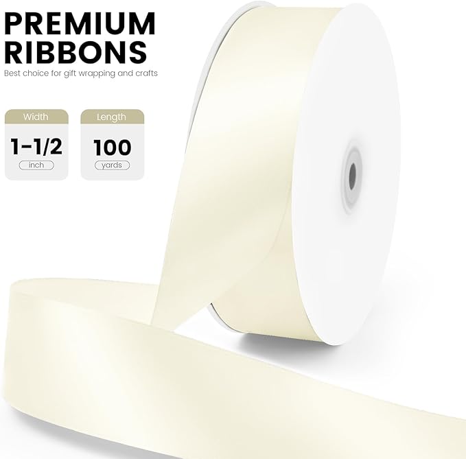 1-1/2" x 100 Yards Satin Ribbon - Ivory Silk Ribbon with Spool - Ideal for Gift Wrapping, Floral Bouquets, Crafts, Wedding Party Decorations, Christmas and Sewing Projects