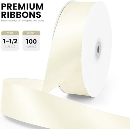 1-1/2" x 100 Yards Satin Ribbon - Ivory Silk Ribbon with Spool - Ideal for Gift Wrapping, Floral Bouquets, Crafts, Wedding Party Decorations, Christmas and Sewing Projects