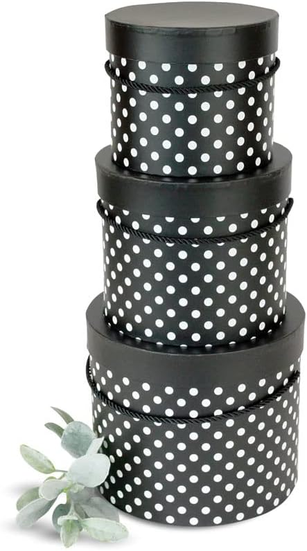 UNIKPACKAGING Premium Quality Round Flower Box, Gift Boxes for Luxury Flower and Gift Arrangements, Set of 3 pcs, with Lids, Size (S/M/L), Black White Dots