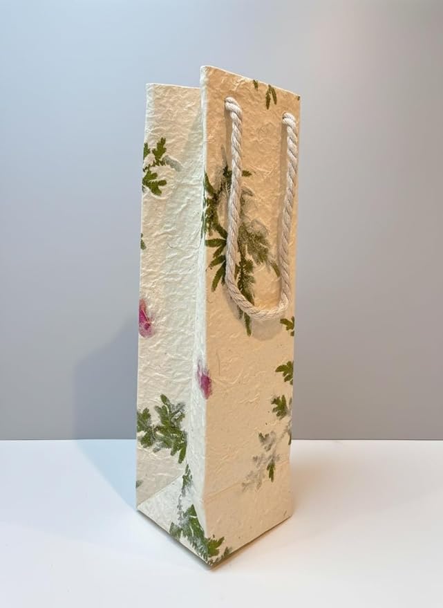 Paperry 14" Floral Wine Gift Bag, Handmade Mulberry Paper, Multiple Design, Kozo Paper Bag, Reusable, Eco-Friendly, Single Pack (Flower)