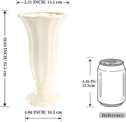 10 Inch Minimalist Fluted Ceramic Vase for Flowers, Farmhouse Cream White Flower Vase with Pedestal Base, Tall Decorative Vases for Home Decor, Living Room, Dining Table, Centerpiece, Wedding