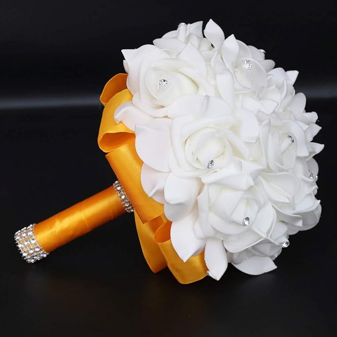 Wedding Bouquet, Gold Yellow Bouquet for Bride Bridesmaid with Diamond Soft Ribbons, Artificial Rose Bridal Holding Flowers for Party Church