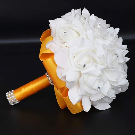 Wedding Bouquet, Gold Yellow Bouquet for Bride Bridesmaid with Diamond Soft Ribbons, Artificial Rose Bridal Holding Flowers for Party Church