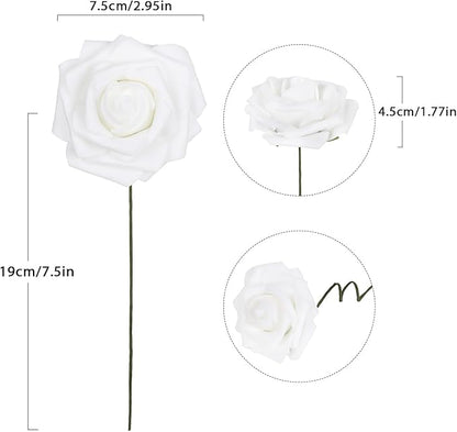 White Foam Roses 50PCS Artificial Flowers with Stems 2.95" White Artificial Roses Realistic Fake Roses Flowers for Baby Shower Centerpieces Wedding Bouquets Home Table Decor