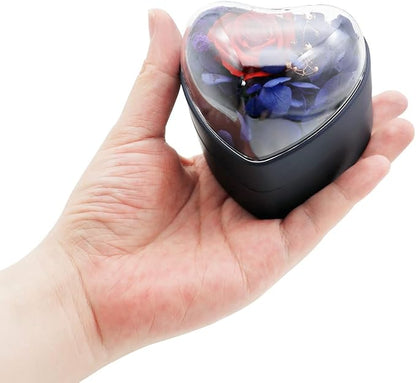 Preserved Flower Rose Pendant Box, Heart Shape Velvet Jewelry Box for Valentine's Day Mother's Day Wedding Anniversary Birthday Gift, Dark Blue