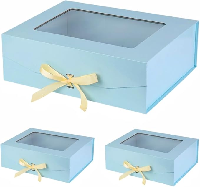 3 Pcs Blue Extra Large Gift Box for Presents with Ribbon 16.5x13x5.3 Inches Clear Gift Box with Window Magnetic Closure Gift Boxes with Lids