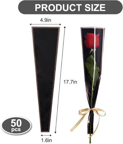 BEISHIDA 50 PCS Single Rose Sleeve Plastic Flower Wrapping Bags Cellophane Flower Sleeves for Florist Bouquet Supplies Mother's Day Valentine's Day (Black and Champagne)