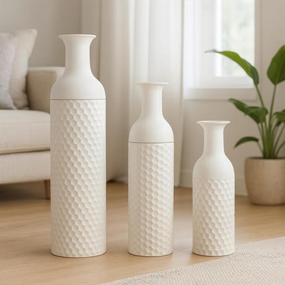 Leewadee Set of 3 Large Floor Vases – Decorative Tall Metal Vases in White (27/20/16 inches) – Elegant Home Decor for Stylish Interiors