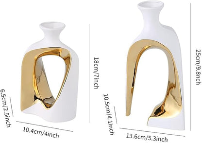 2 Pieces White Gold Ceramic vase Set Home Ceramic Decorative vase furnishings Abstract Decorative vase Office Centerpiece Decoration Suitable for Bookshelves, Fireplace