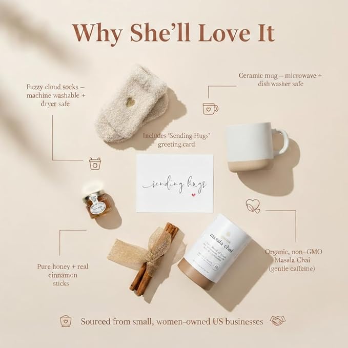 Unboxme Sending Hugs Get Well Soon Gift Basket & Care Package for Women - Self Care Gift Box with Fuzzy Socks, Ceramic Mug, Chai Tea, Honey