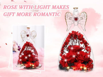 Mothers Day Rose Gifts for Women, Large Angel Figurines with Real Roses, Preserved Real Flower Rose for Her, Crystal Red