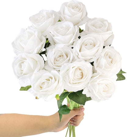 Artificial Roses 12PCS Velvet Rose Real Touch Flowers for Floral Arrangement Bridal Wedding Centerpieces Home Party Decor (White)