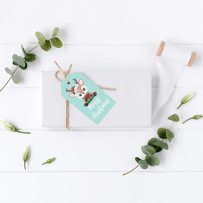 Andaz Press Christmas Holiday Season Classic Gift Tags, Merry Christmas to from Classic Favor Tags, Baby Reindeer with Santa Hat Design, for Holiday Events, Parties, and Favors, 60-Pack