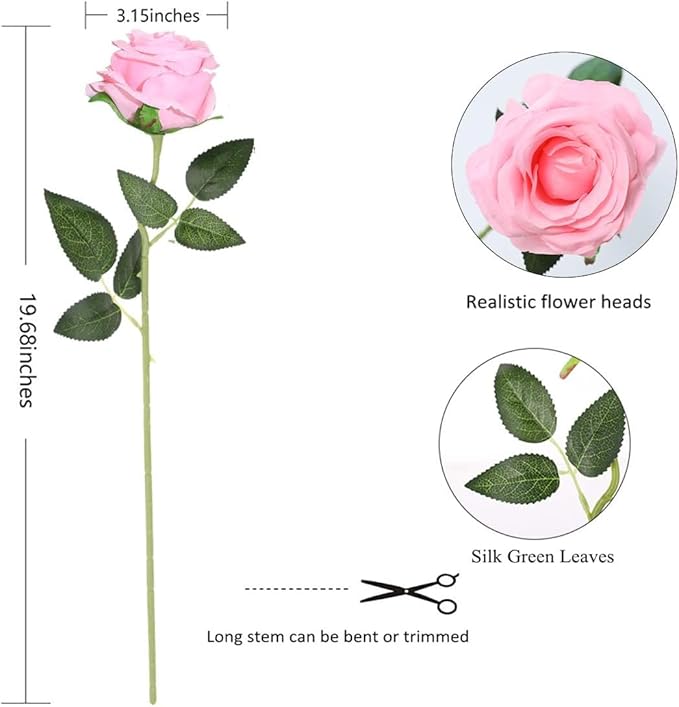 Pink Fake Roses Artificial Flowers - 16 Pcs Fake Artificial Roses Silk Flowers with Stems for Home Wedding Hotel Office Centerpiece Decor