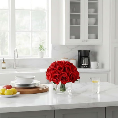 18 Heads Artificial Rose Flowers in Vase, Fake Rose Floral Arrangement in Vase with Fake Water for Dining Table Wedding Home Decor (Red)