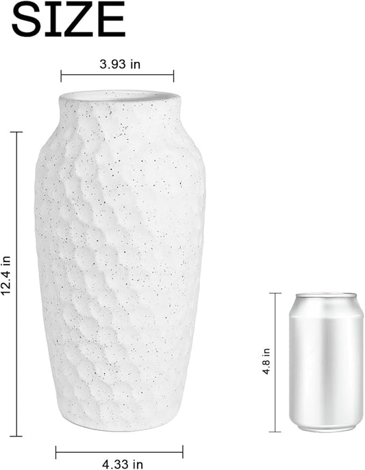 White Ceramic Vase for Flowers, Textured Speckled Hammered Finish Decorative Vase for Living Room, Table Centerpiece & Modern Home Decor