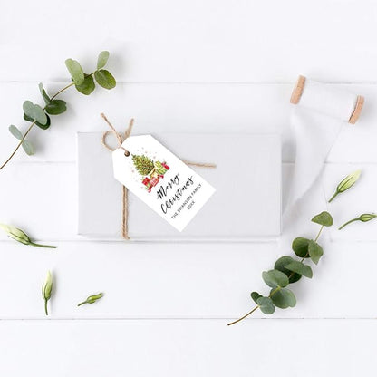 Andaz Press Personalized Christmas Holiday Season Classic Gift Tags, Merry Christmas Custom Family Name and Year, Christmas Tree with Presents Design, for Holiday Events, Parties, and Favors, 60-Pack