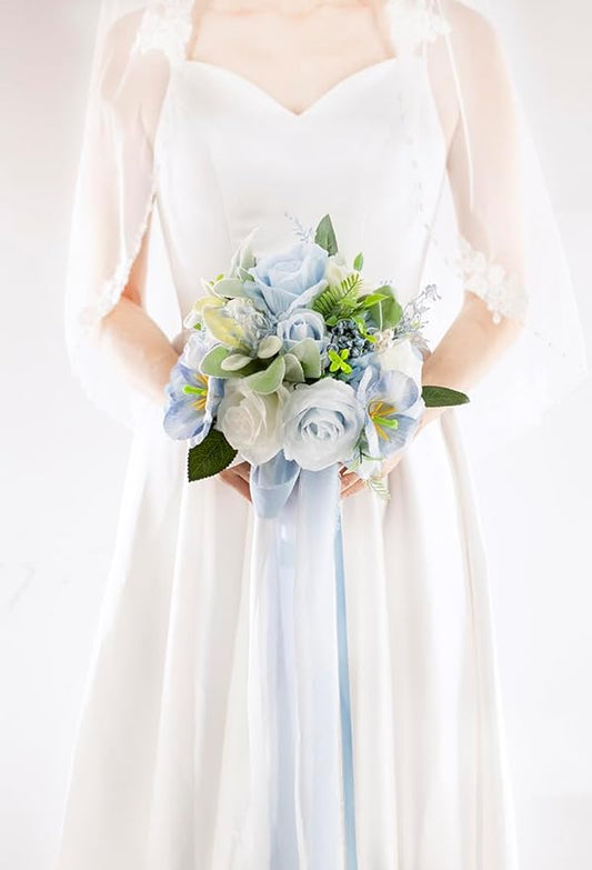 Dusty Blue & White Wedding Bouquets for Bride Bridesmaids, Bridal Bouquet for Wedding Silk Artificial Flowers