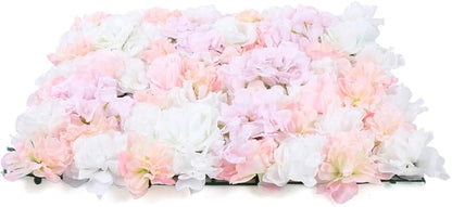 16"x 24" Artificial Flower Wall Panels,Flower Wall Mat Silk Flower Panels for Outdoor Garden Backyard Fence Fence Privacy Screen and Indoor Wall Decor(20Pcs Champagne+Light Pink+White)