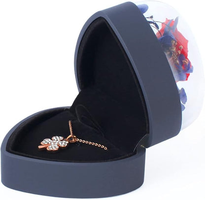 Preserved Flower Rose Pendant Box, Heart Shape Velvet Jewelry Box for Valentine's Day Mother's Day Wedding Anniversary Birthday Gift, Dark Blue