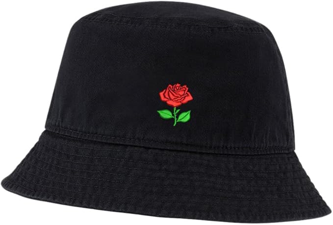 Womens Bucket Hats Rose Flower 2 Embroidered Cotton Bucket Hat Unisex Outdoor Fisherman Hat for Men
