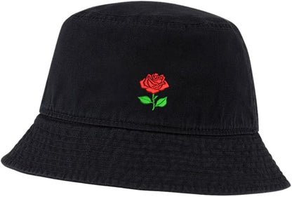 Womens Bucket Hats Rose Flower 2 Embroidered Cotton Bucket Hat Unisex Outdoor Fisherman Hat for Men