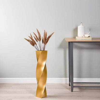Tall Gold Floor Vase - 23.6 Inch Modern Square Twist Vases for Home Decor, Large Decorative Vase for Dried Flowers, Pampas Grass, Centerpiece - Matte Finish