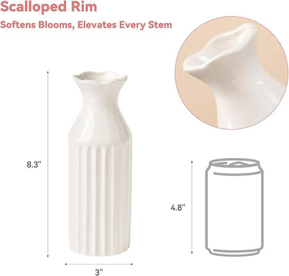 White Ceramic Vase - 8.3" Unique Flower Vase with Vertical Ribbed Texture, Decorative Boho/Farmhouse Vase for Living Room, Office Desk & Housewarming Gift (for Her/Yourself)