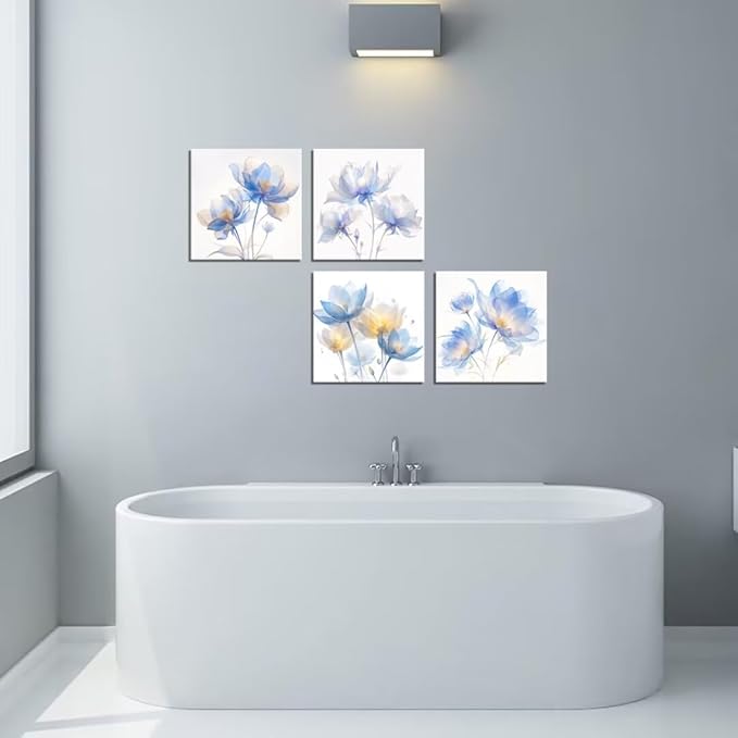 Pankila Blue Flickering Flower Abstract Canvas Wall Art Floral Poster Modern Flowers Pictures Wall Decor for Living Room Bedroom Bathroom Home Decorations Framed Artwork (16''W x 16''H x 4)