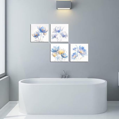Pankila Blue Flickering Flower Abstract Canvas Wall Art Floral Poster Modern Flowers Pictures Wall Decor for Living Room Bedroom Bathroom Home Decorations Framed Artwork (16''W x 16''H x 4)