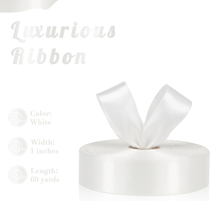 White Ribbon 1 Inch 60 Yards, Versatile Solid Satin Ribbon for Flower Bouquet, Graduation Lei, Crafts, Gift Wrapping, Baby Shower, DIY Bows and Wedding Decorations