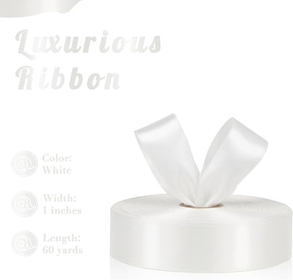 White Ribbon 1 Inch 60 Yards, Versatile Solid Satin Ribbon for Flower Bouquet, Graduation Lei, Crafts, Gift Wrapping, Baby Shower, DIY Bows and Wedding Decorations