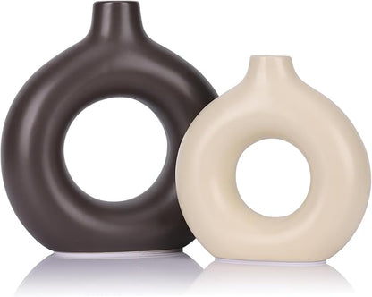 Brown and Cream Vase Decor Donut Vase Set of 2 - Circle Hollow Vases, Modern Matte Ceramic Vases for Entryway Living Room Bedroom Dining Table Centerpiece Office Home Decor