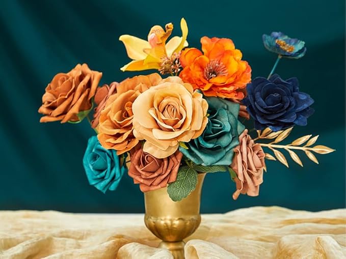 Serwalin Teal Burnt Orange Artificial Flowers, Fake Silk Cake Flowers for DIY Wedding Bridal Bouquet Centerpieces Floral Arrangement Decor Party Baby Shower Fall Home Decor