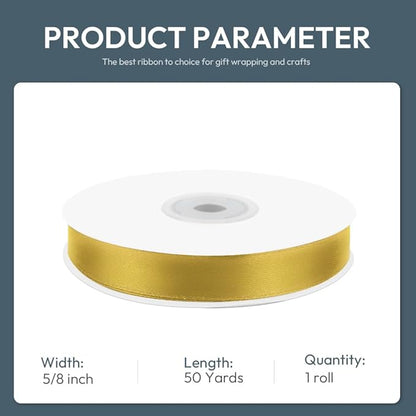 KMER LIFE 5/8" Wide x 50 Yards Golden Single Faced Polyester Satin Ribbon, Golden Satin Ribbon Perfect for Wedding Decor, Wreath, Crafts, Gift Wrapping & Other Projects (Golden)