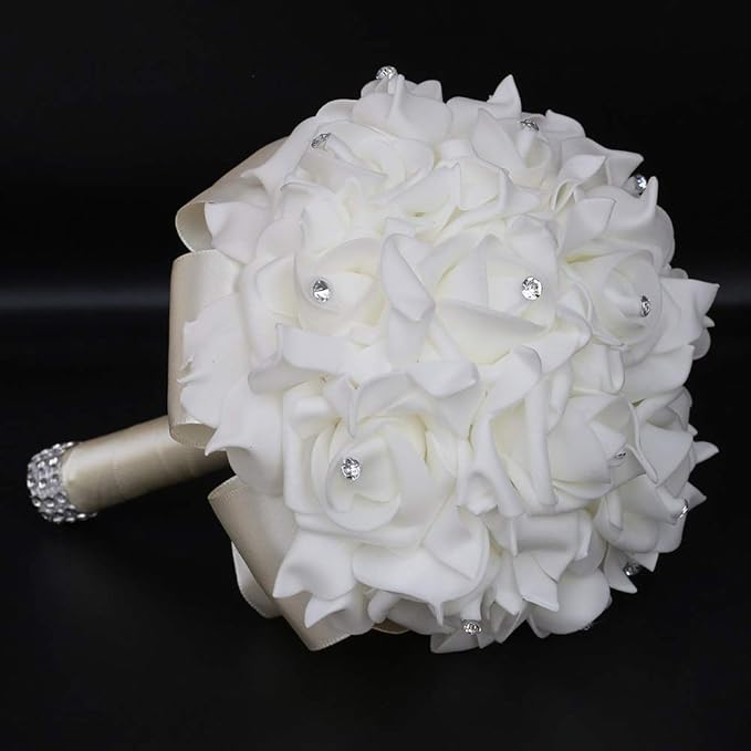 Wedding Bouquet, Creamy Bouquet for Bride Bridesmaid with Diamond Soft Ribbons, Artificial Rose Bridal Holding Flowers for Party Church
