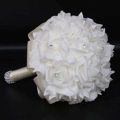 Wedding Bouquet, Creamy Bouquet for Bride Bridesmaid with Diamond Soft Ribbons, Artificial Rose Bridal Holding Flowers for Party Church