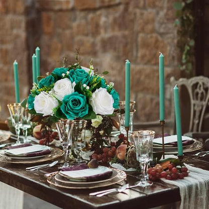 BLOSMON Flower Ball Centerpieces for Wedding: 10 Pcs Teal White Fake Roses Flowers Artificial for Table - Silk Kissing Bouquet Floral Arrangement Center for Home Party Event Decor