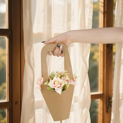 Jeqqinuz 100 PCS Flower Bags for Bouquets, Kraft Paper Gift Bags with Handle, Floral Wrapping Paper for Bouquet Packaging, Wedding Graduation Party Favors, Brown Cone Sleeves Home Decoration