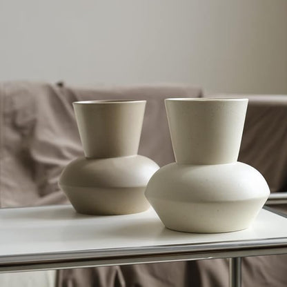 Wide Mouth Ceramic Flower Vase, Minimalist Decor for Living Room (Crème)