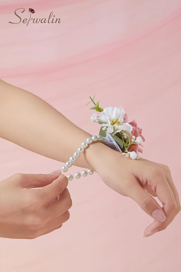 Serwalin 6 PCS Pink Rose Wrist Corsages for Wedding, Corsages for Prom Homecoming Party Corsage Hand Decor for Bride Bridesmaids, Mother of Bride and Groom