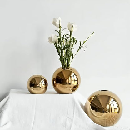 Ceramic Flower Vase for Home Decor – Round Ball Vase for Table, Shelf, Living Room Centrepiece | Modern Decorative Item for Home Office Decor (Gold) (Small)