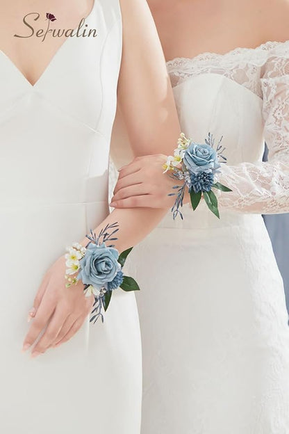 Serwalin 6 PCS Wrist Corsages for Wedding, Girl/Mother Bride Bridesmaids Corsages Wristlet Decor for Prom Wedding Anniversary Homecoming (Blue & Dusty Blue)