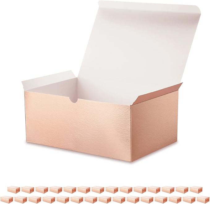 ROSEGLD 30 Gift Boxes with Lids, Rose Gold, Bridesmaid Proposal Boxes - 9.5x6.5x4 Inches, Glossy Grass Texture