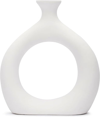 Ajuny Donut Vase Set of 2 – White Ceramic Modern Vases for Flowers, Pampas Grass, Centerpieces | Boho Table Decor for Living Room, Wedding, Kitchen, TV Stand, Office, Shelf, Mantle