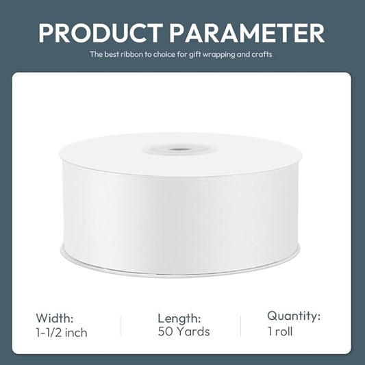 KMER LIFE 1-1/2" Wide x 50 Yards White Single Faced Polyester Satin Ribbon - Perfect for Wedding Decor, Wreaths, Crafts, Gift Wrapping & Other Projects